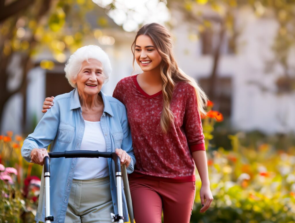 Junge Frau oder Betreuerin geht mit einer älteren Frau in einem Pflegeheim spazieren. Konzept der Seniorenbetreuung. Flaches Blickfeld mit Kopierraum.
